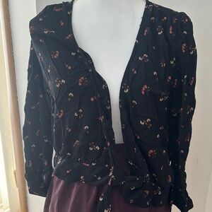 Floral Black Blouse with Tie Front